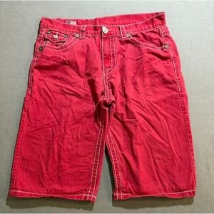 True Religion Joey Super T Shorts Mens 36 Red Denim Flap Pocketed Button 36x12.